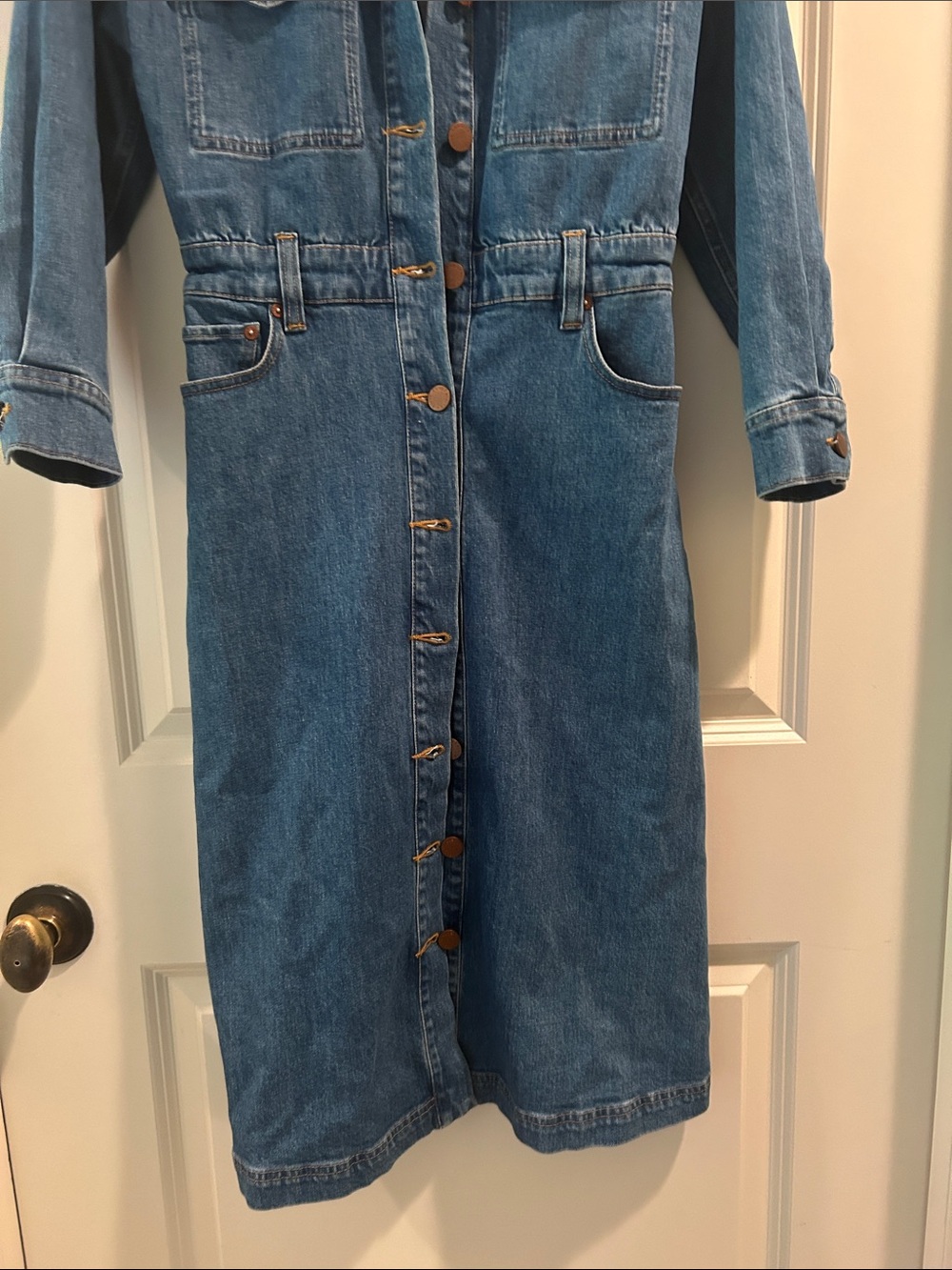 Alice & Olivia Full Button Front Midi Denim Jean Dress pockets w/stretch size 4 - Picture 4 of 13
